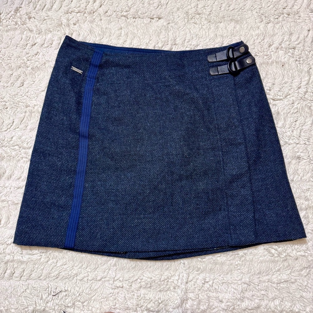 Prana Quincy Wool Blend Tweed Wrap Skirt medium blue stripe black buckle accents